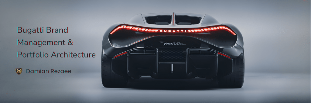 Header image for a Bugatti brand management and portfolio architecture article, showing the rear view of a Bugatti hypercar.