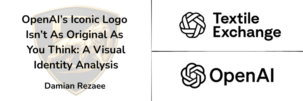 Split-cover graphic for an article by Damian Rezaee titled “OpenAI’s Iconic Logo Isn’t As Original As You Think: A Visual Identity Analysis.” The left side shows the title text over a faint gold crest-style background. The right side displays the Textile Exchange logo at the top and the OpenAI logo at the bottom, separated by thin black lines on a light gray background, inviting a visual comparison between the two marks.