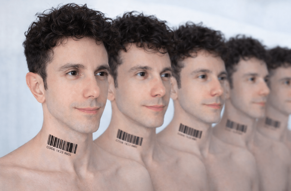 Five cloned versions of the same man standing in a row, with the front figure in sharp focus and the others gradually blurred into the background.