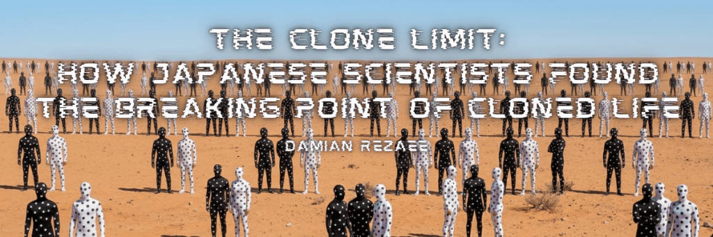 Banner image for an article titled “The Clone Limit: How Japanese Science Found the Breaking Point of Cloned Life,” showing rows of black and white human-like figures standing across a barren desert landscape under a pale blue sky, with the author name Damian Rezaee centered below the headline.