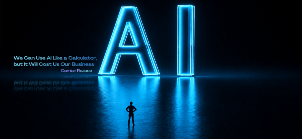 A glowing blue “AI” installation dominates a dark reflective space while a lone person stands facing it. The article title and author name appear beside the letters, emphasizing the contrast between AI’s power and the human responsibility behind its use.