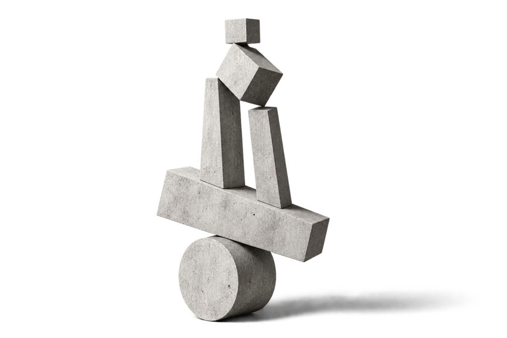 Concrete shapes balanced on a cylinder, casting a soft shadow. A visual metaphor for the balance between brand, product, and consumer insight.