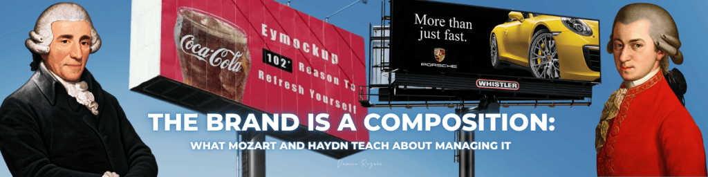 Joseph Haydn and Wolfgang Amadeus Mozart frame Coca-Cola and Porsche billboards in a visual exploring brand management as composition.