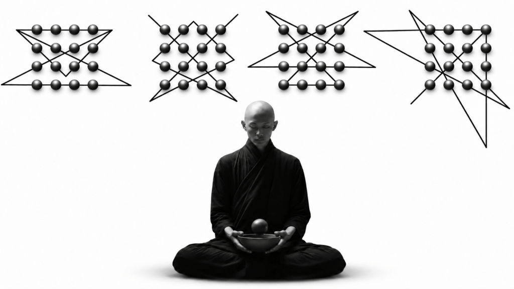 Meditating monk holds a bowl beneath a floating sphere. Above him, four grids of sixteen metallic spheres connect in different line patterns, illustrating strategy through connections among the same elements.